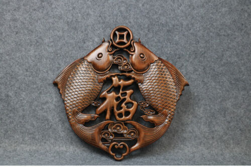 Chinese Wood Carved Feng Shui Fish Plaque Sculpture Wall Hanging Wooden Decor