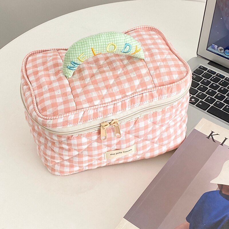Plaid Pattern Bag Toiletries Case Makeup Bag Zipp Cotton Cosmetics Storage Pouch