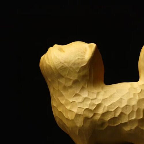 Chinese Boxwood Wood Hand Crafts Carved Cat Statue Netsuke Fengshui
