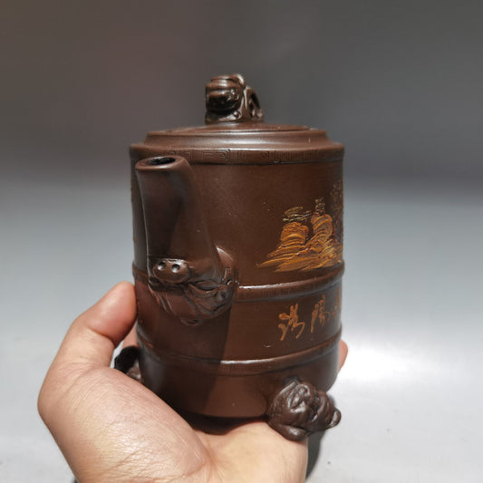 Chinese Yixing Zisha Clay Handmade Exquisite Teapot (泥绘三足壶 底款:陈鸣远)