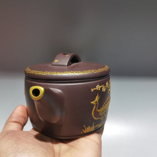 Chinese Yixing Zisha Clay Handmade Exquisite Teapot(描金汉瓦壶 底款:金鼎商标)