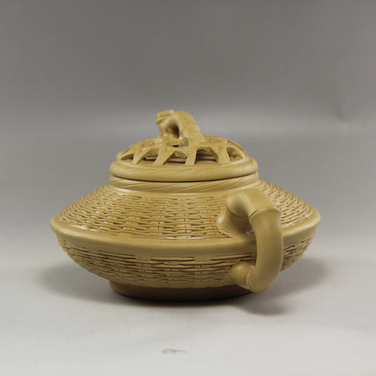 China Yixing Zisha Pottery Gold Section Clay Handmade360ML Bamboo Weaving Teapot