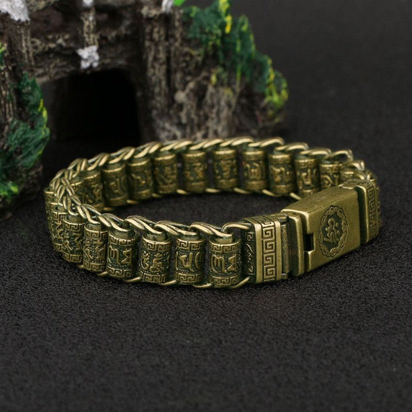 Vintage Copper Tibetan Script Bracelet Brass Watch Chain Men's Accessory 66g