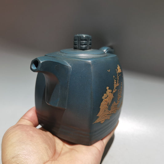 Chinese Yixing Zisha Clay Handmade Exquisite Teapot(四方泥绘壶 底款:顾景舟)