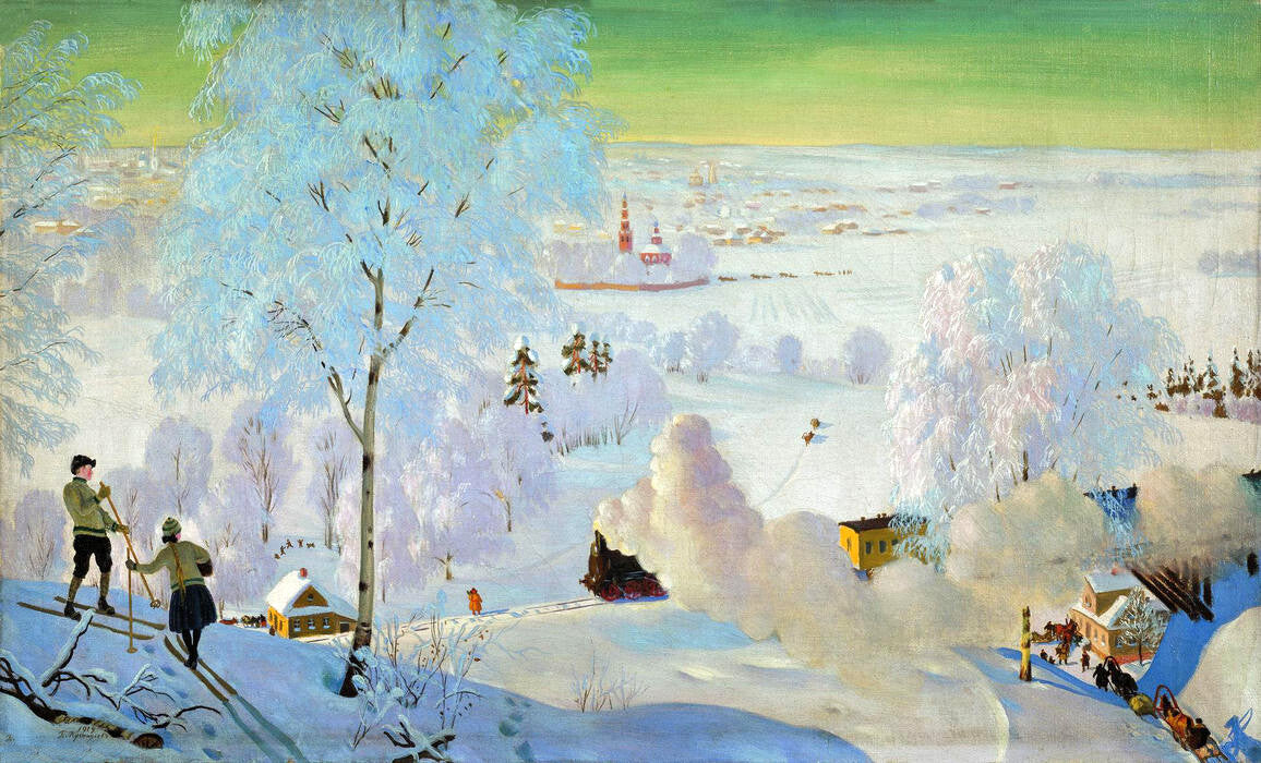 Oil painting Boris-Mikhaylovich-Kustodiev-Skiers skater in winter landscape art