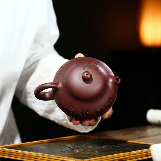 China Yixing Zisha Pottery Purple Clay Handmade 300cc Bamboo Teapot 翠竹文旦