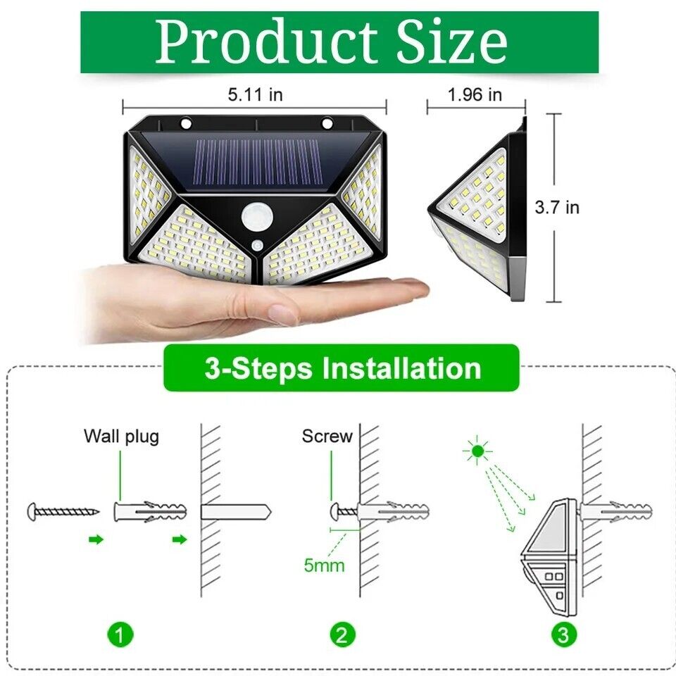 4x 100 LED Luz de pared Energía solar Lampara de jardín de Seguridad W/S/Move