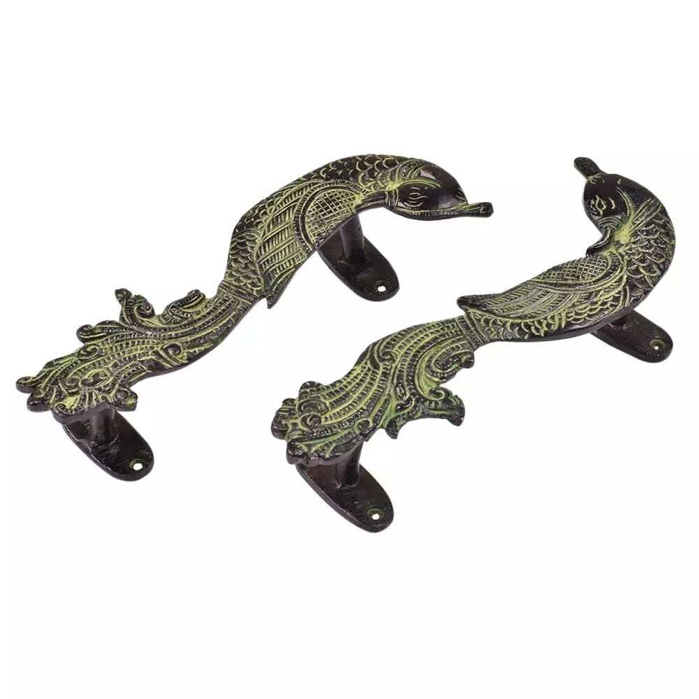 Set of 2 Antique Look Brass Decorative Patina Peacock Door Handle Home Decor