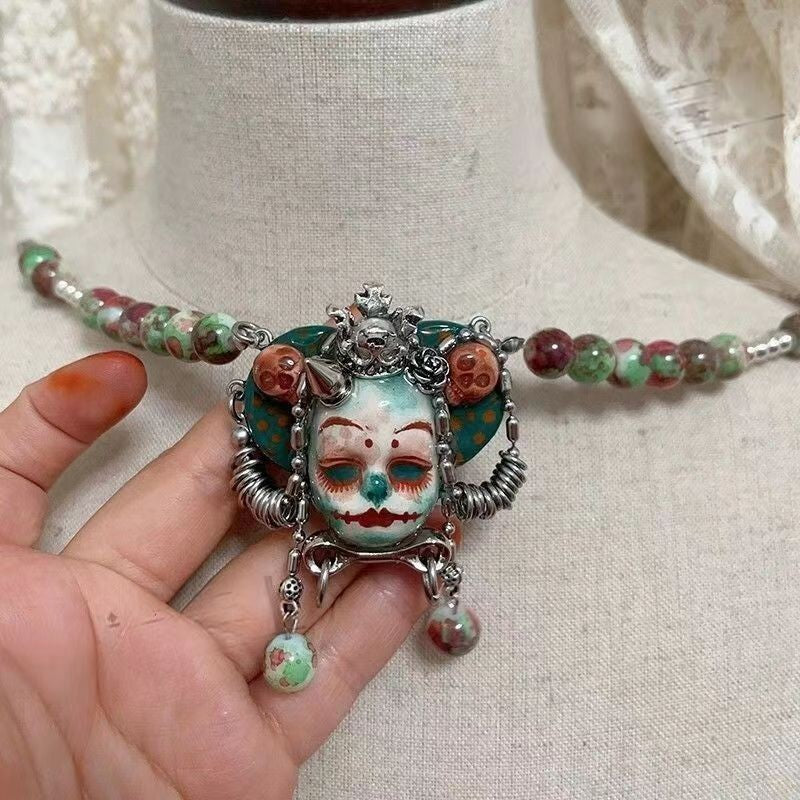 Original Heavy Punk Clown Necklace Choker Dark Vintage Beaded Ring Choker
