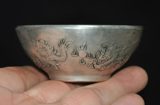 China Tibetan Silver Animal Loong Dragon Statue Tableware Tea Cup Bowl Bowls
