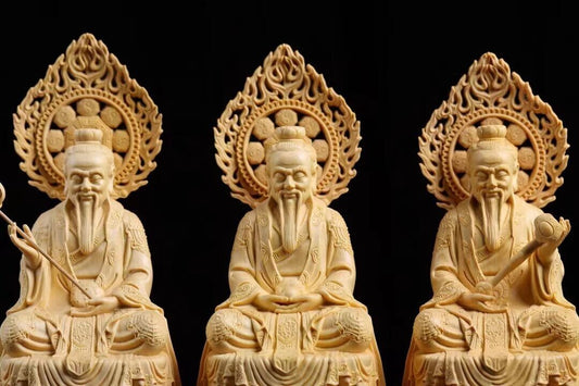 1Set 3Pcs Cypress Boxwood Wood Hand Carved Taoist Sanqing Statue