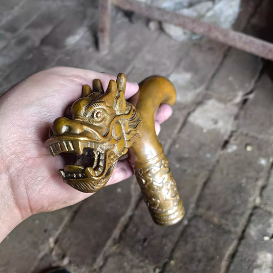 Solid Brass Chinese Dragon Head Statue Walking Stick Cane Handle Top Topper