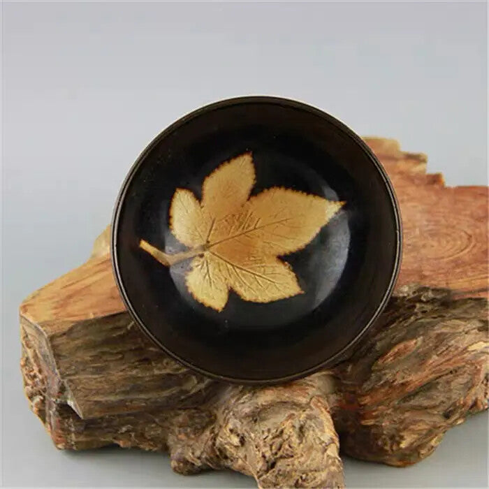 4.3" Pretty Chinese Jizhou Kiln Porcelain Maple Leaves Bowl Teabowl Tea-Things