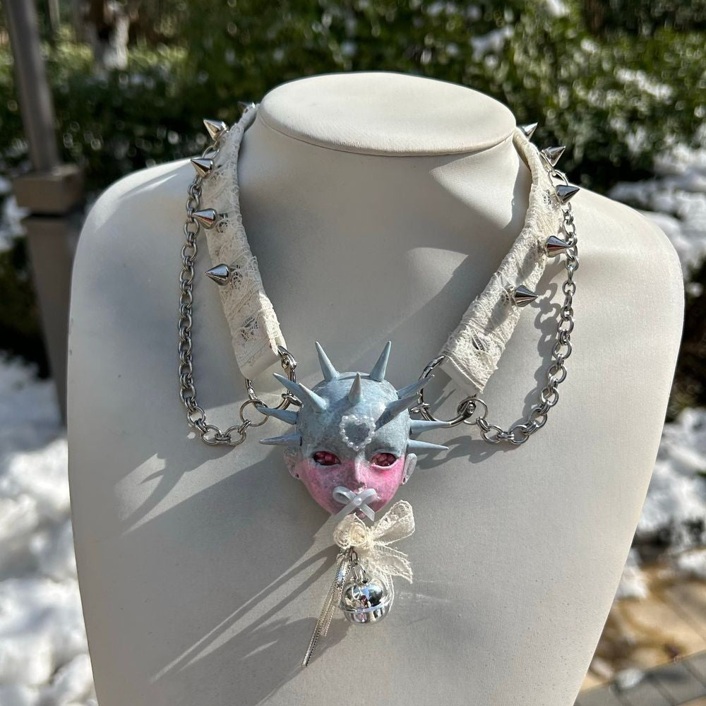 Original Dreamy Bow Spiked Doll Head Lace Choker Bell Chain Necklace