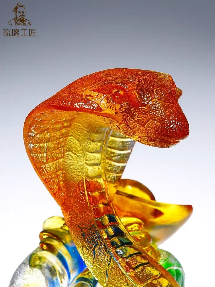 Real Chinese Liu Li Crystal Cobra Snake Statue Amulet Feng Shui Home Decor