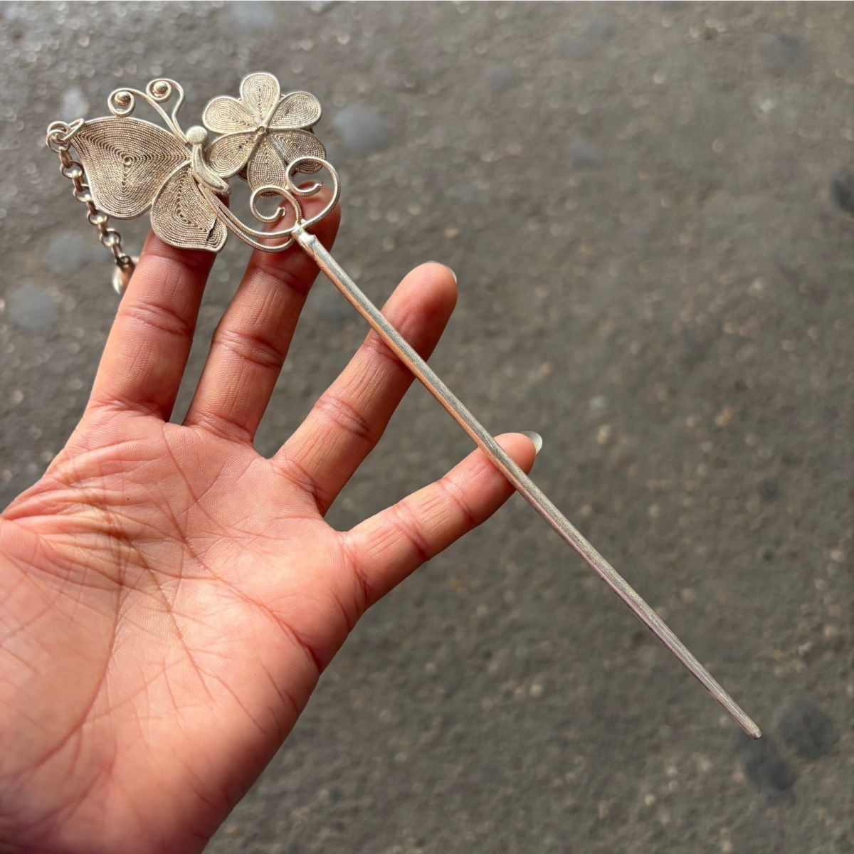 Vintage Silver-Tone Filigree Butterfly Hairpin Antique Collectible