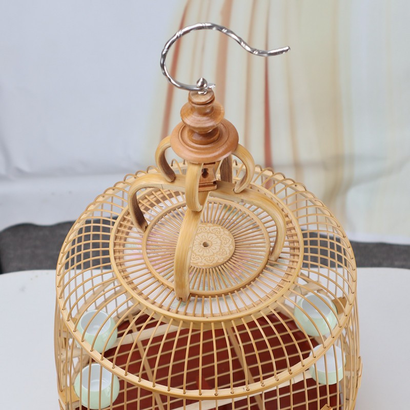 27.5 Cm Chinese Circular Shape Carving Bamboo Wood Birdcage