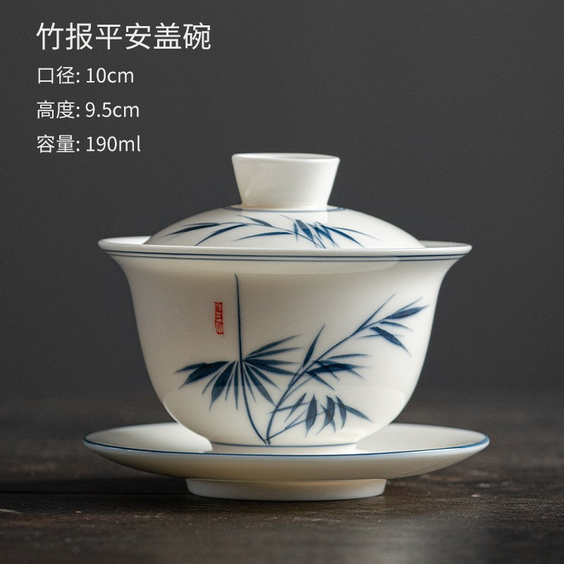 Hand Drawn Mutton-fat Jade Tea Bowl White Porcelain San Cai Gaiwan Tea Set