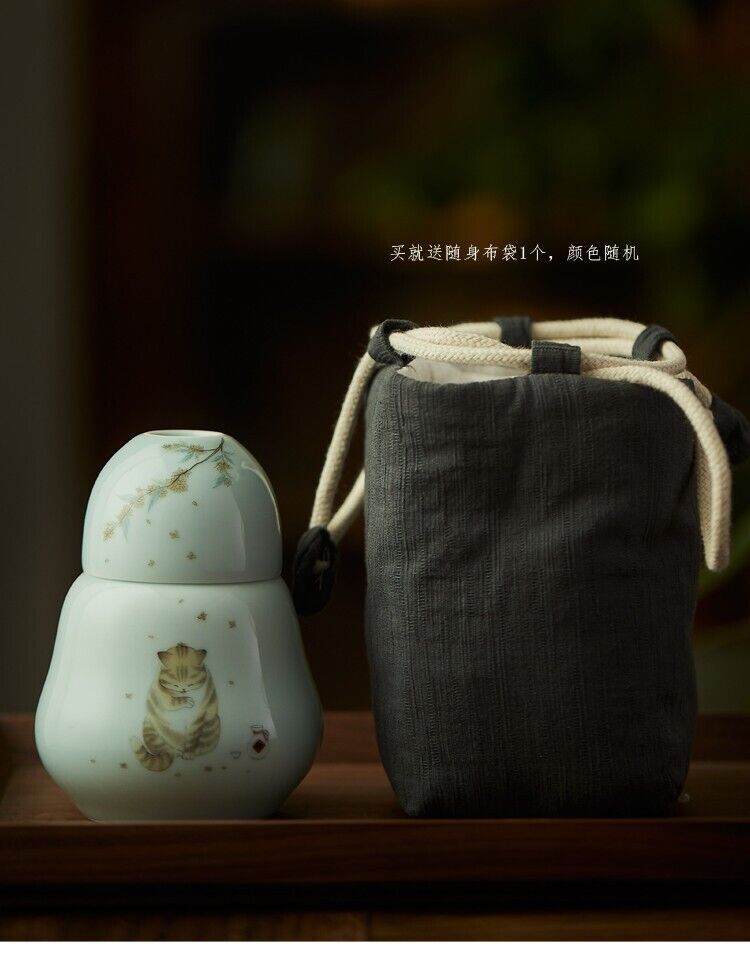 3 Piece Ceramic Cup Baking Wine Warm Water Bottle Hot Water Saki Set with Cat Design-