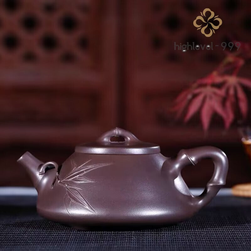 Handmade Tea Pot Bamboo Carved Marked Real Yixing Zisha Old Purple Clay Pot Gift