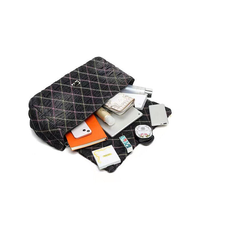 Large Quilted Denim Shoulder Bag Flap Purse Handbag Fashion Hobo w/ Chains Tote