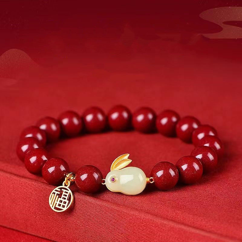 Natural Raw Ore Cinnabar Jade Rabbit Inlay and Tianyufu Hand String