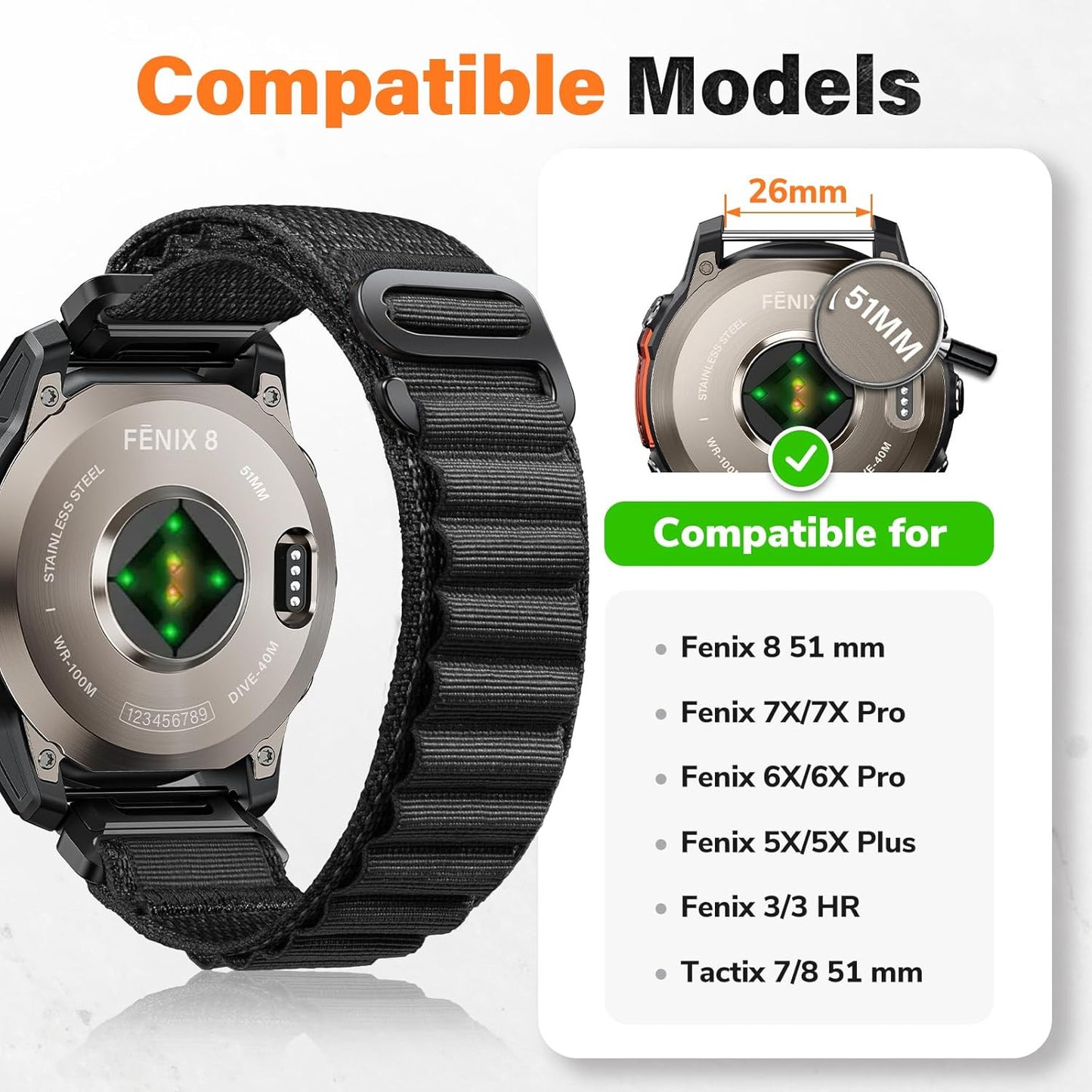 Alpine Loop Nylon Watch Band Compatible with Garmin Fenix 5X / 6X / 7X / 8 51Mm,