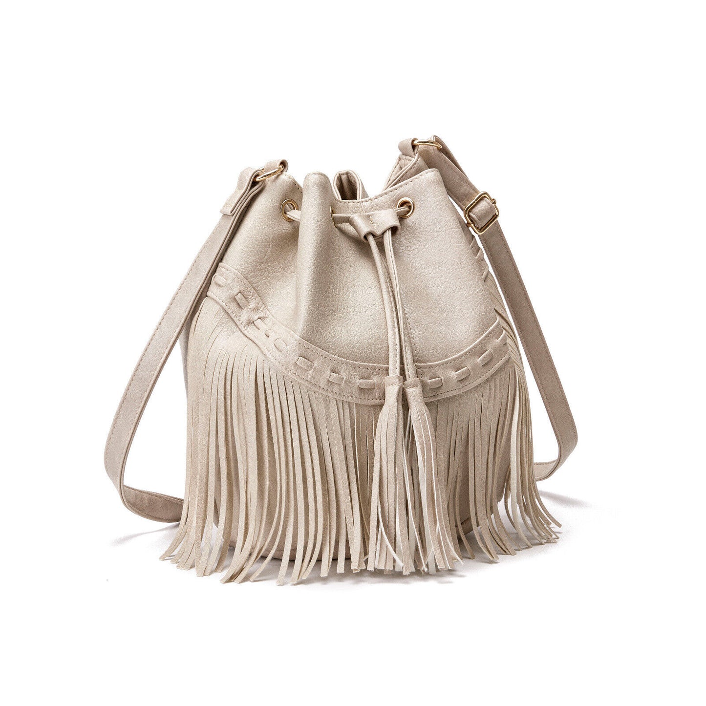Women's Bag Casual Drawstring Tassel Bucket Bag PU Fringe Female Messenger Bag