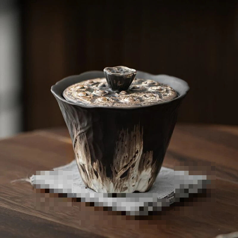 Handmade Embossed Lotus Ceramic Tea Turee Covered Bowl Coarse Tea Maker Gaiwan