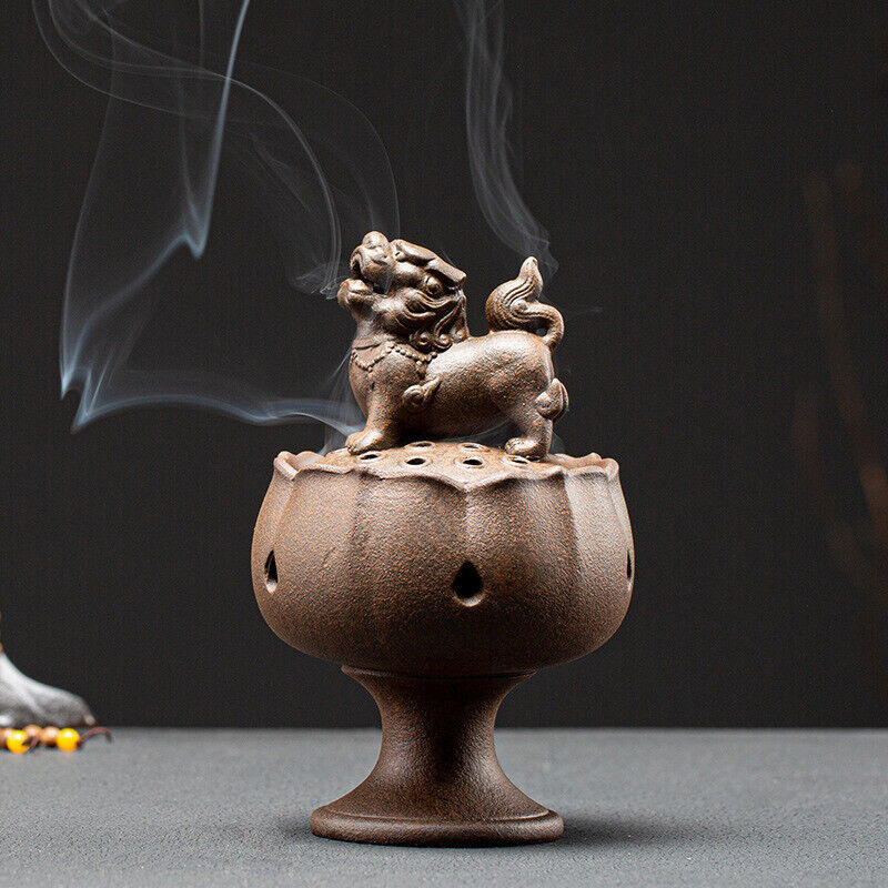 Foo Dog Fyi Statue Lotus Carved Incence Burner Porcelain Decoration Zen Style