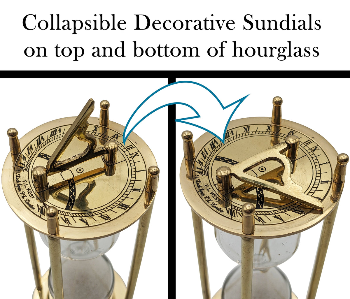 6.7" Brass 1 Minute Hourglass w/ Collapsible Sundials, Functional & Decorative