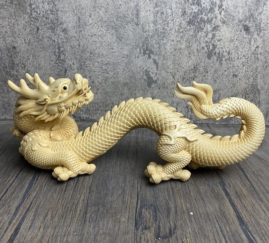 9" Long Boxwood Carved Dragon Statue Woodwork Sculpture Feng Shui Decor