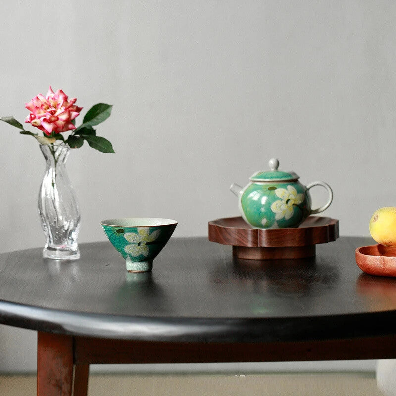 Chinese Style Ice Cracked Tea Set Teacup Hand Painted Lotus Art Teacup