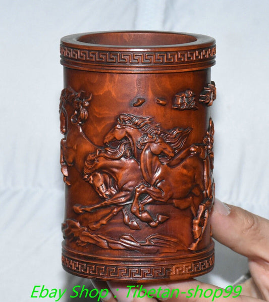 4.3''Old Chinese Boxwood Carving Horse Pot Pencil Holder Statue Sculpture
