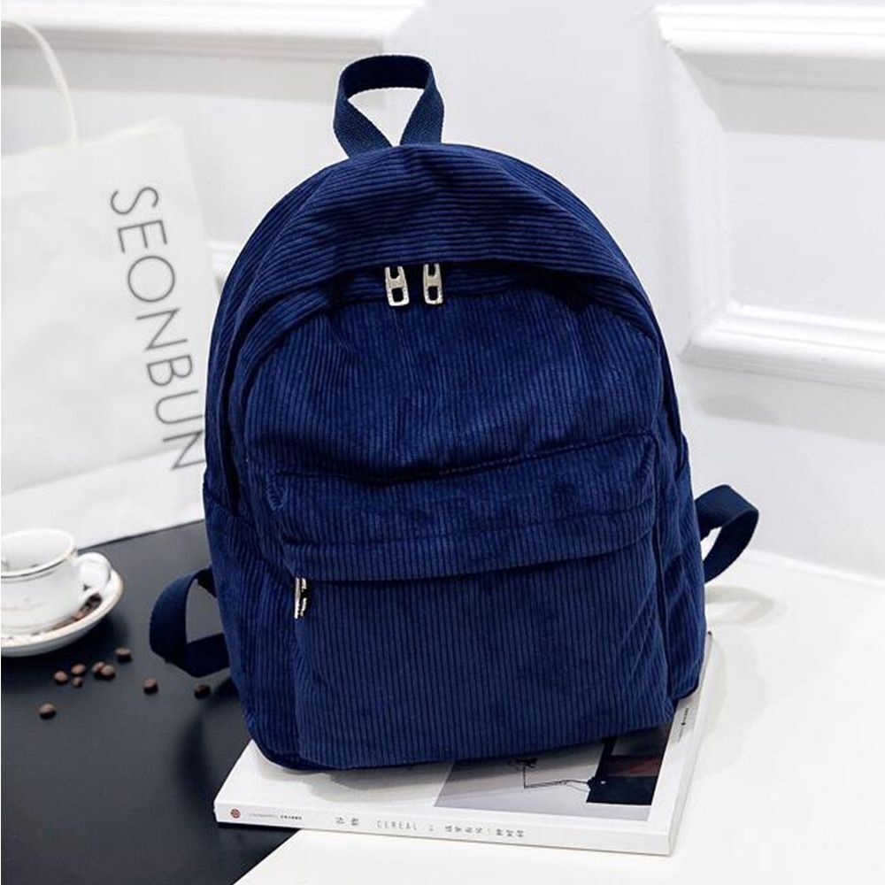 Corduroy Backpack School Travelling Shoulder Bag Softback Cotton Blue 25*12*36CM