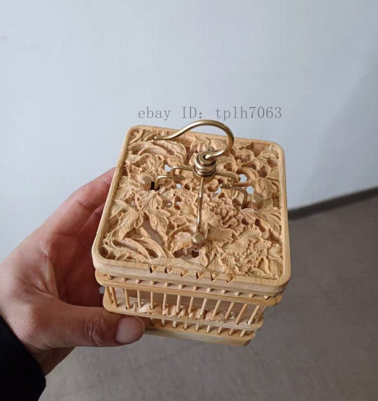 Chinese Cricket Carving Cage Woven Bamboo Ratan Square Basket