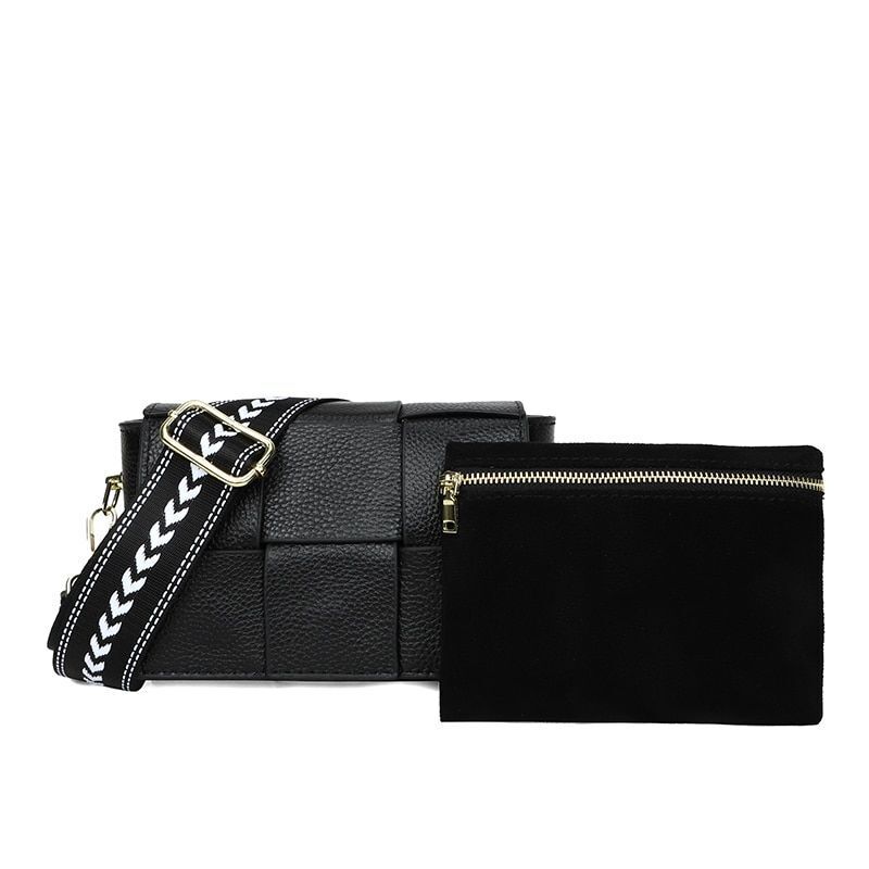 Genuine Leather Shoulder Bags Woven Cow Leather Crossbody Bags Wide Straps Purse