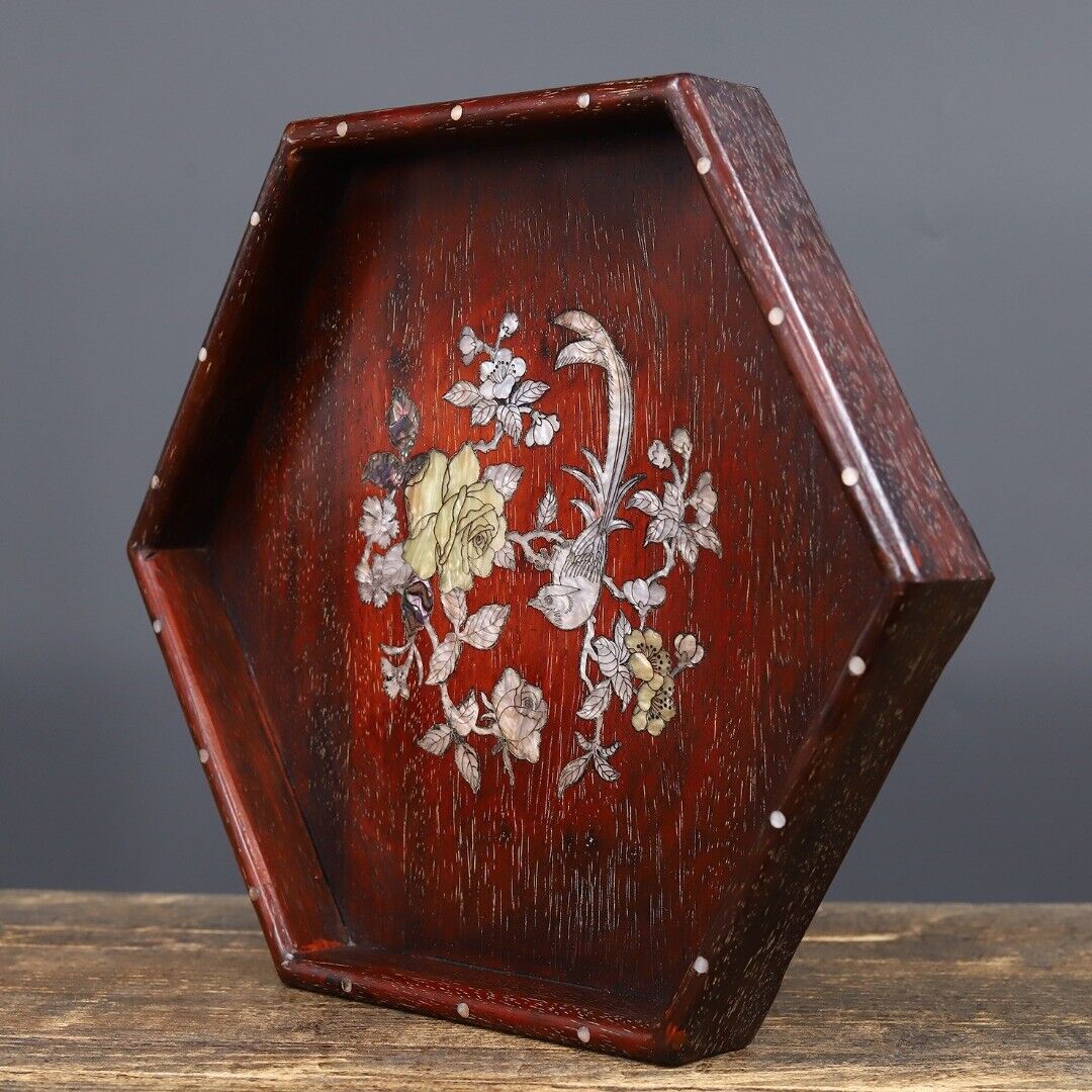 Precious solid wood, sandalwood wood carving, inlaid shell, cow hair, hexagonal
