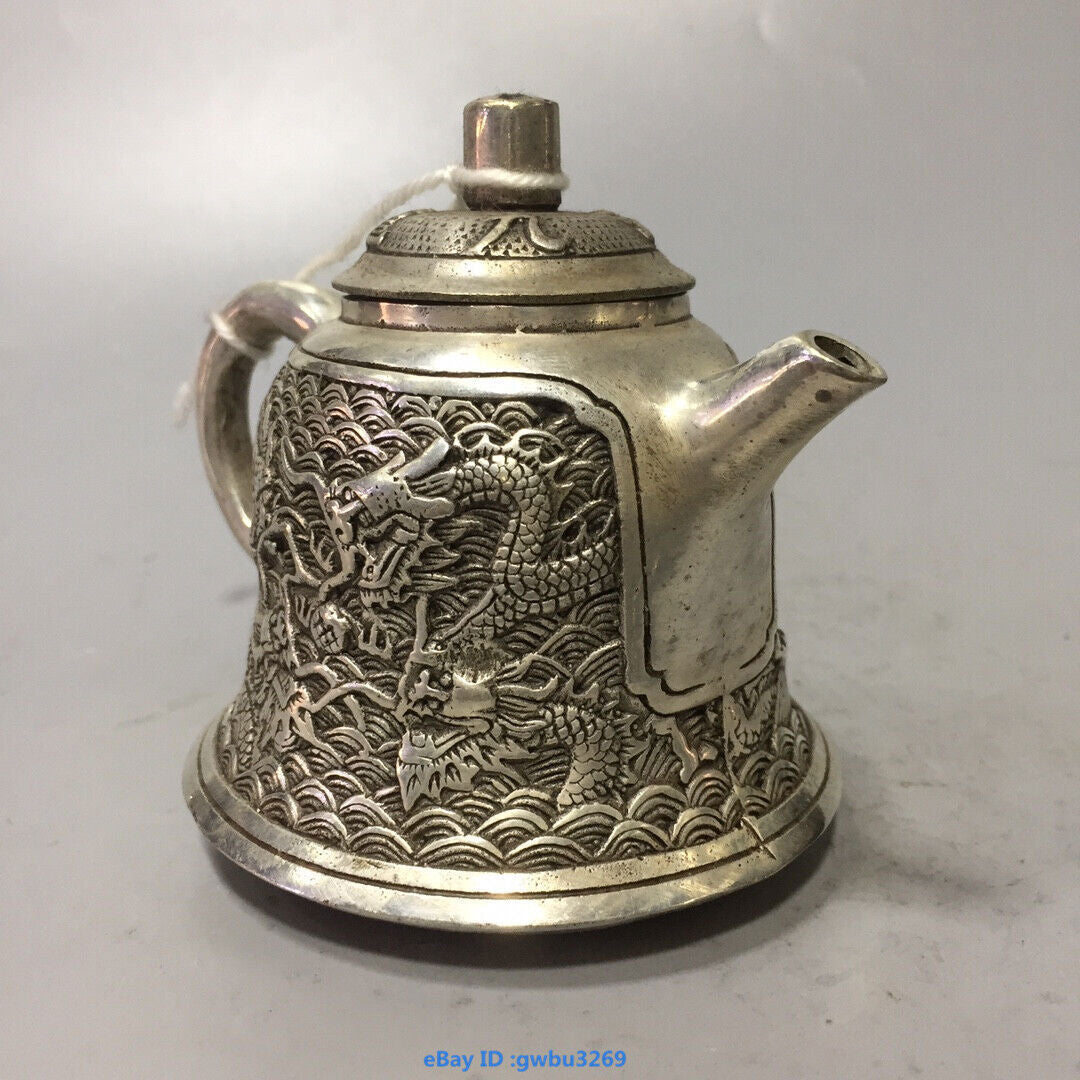 Asian Chinese Old Tibet Silver Hand-carved Dragon Teapot