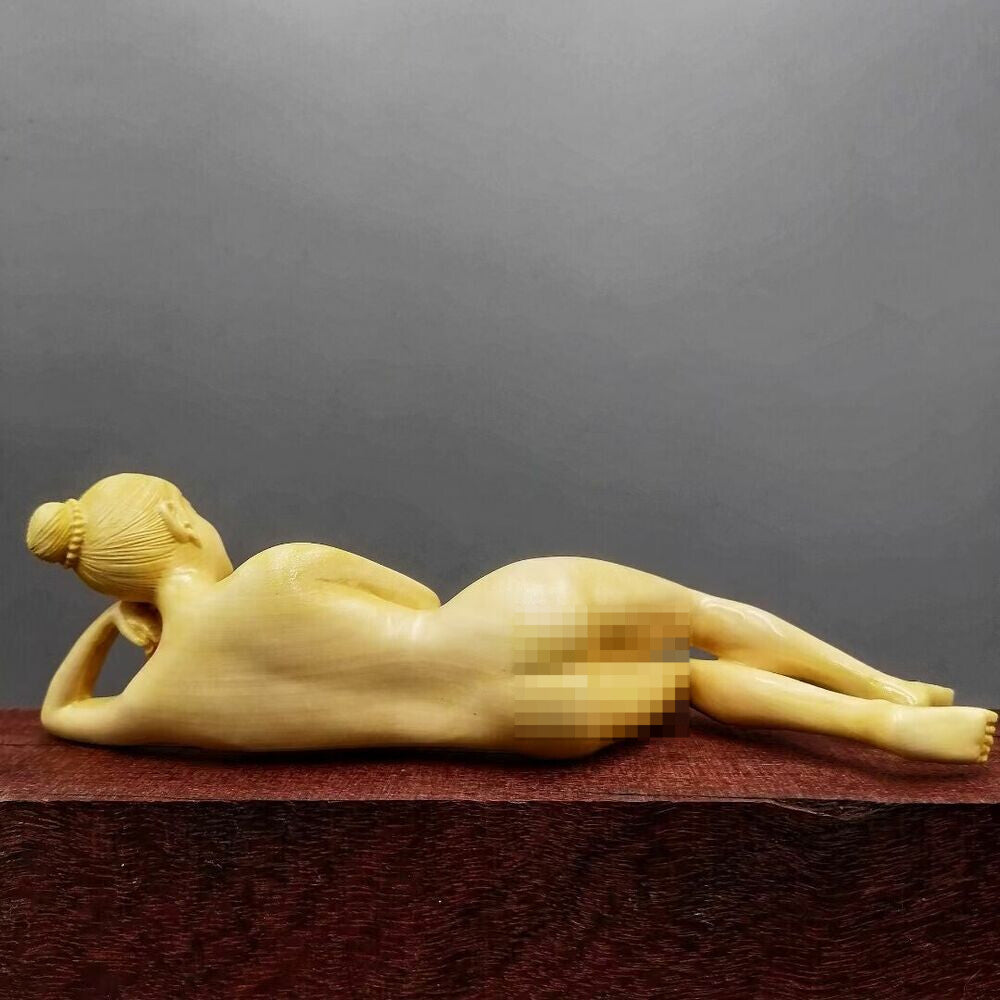 7" Chinese Boxwood Huang-yang Wood Carving Girl Statue