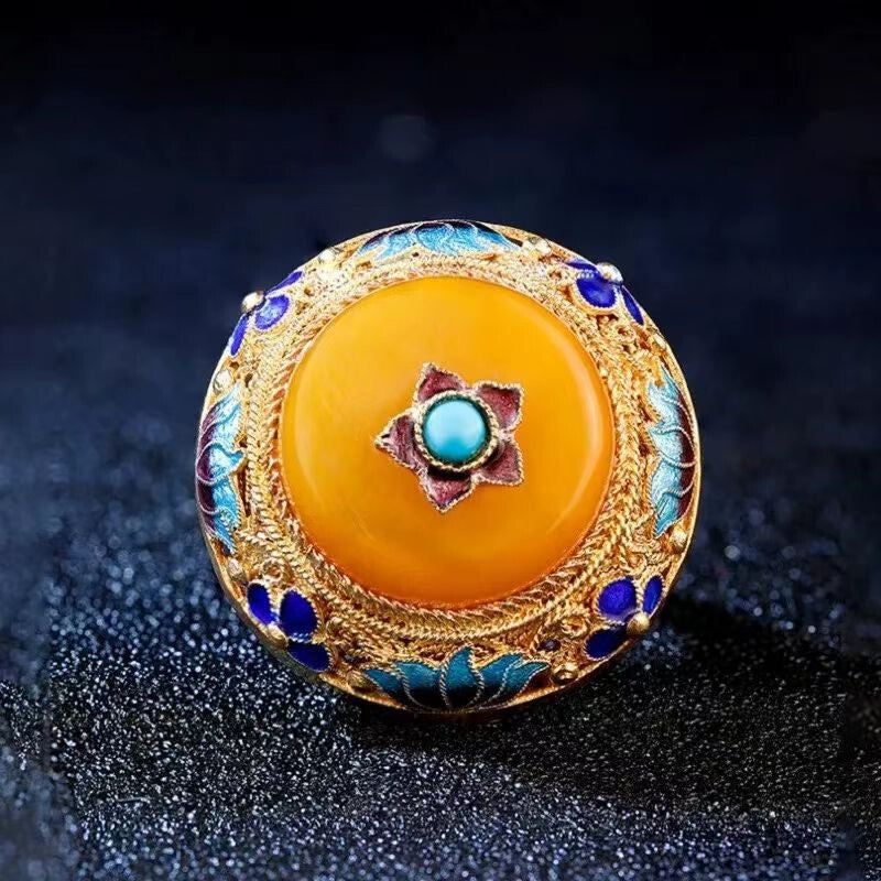 Antique Old Chinese Cloisonne Silver Inlay Gems Flower Jewelry Figure Ring Gift