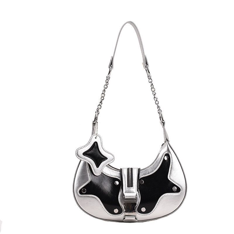 Silver Shoulder Bag Synthetic Leather Rivets Handbag Vintage Purse 25*16*7 cm