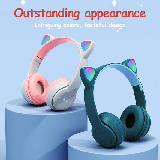 Bluetooth 5.0 Wireless Cat Rabbit Ear Headsets LED Headphones For Kids Girls Boy