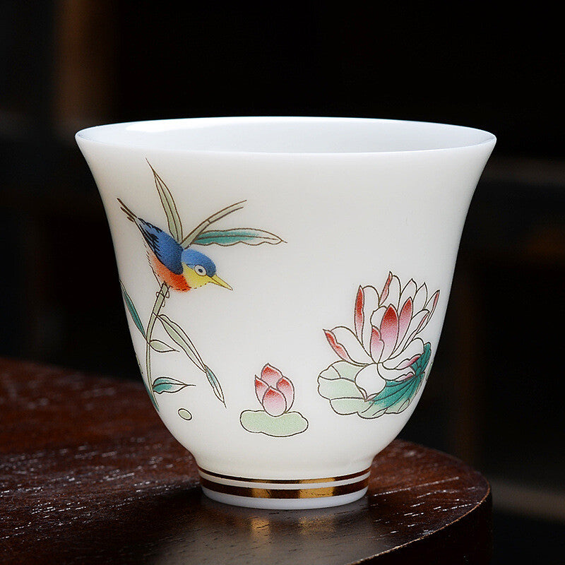 One Tea Cup Fat Mutton Jade Porcelain Cup Bird Flower Painted Chinese Master Cup