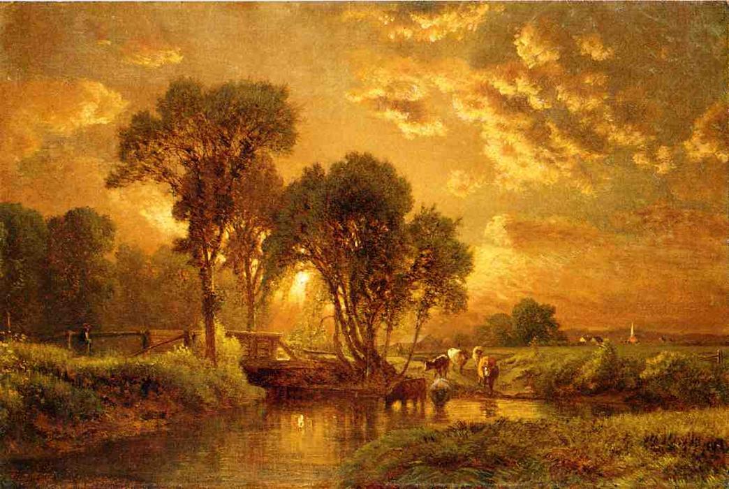 Art Oil painting George-Inness-Medfield-Massachusetts sunrise landscape & cows