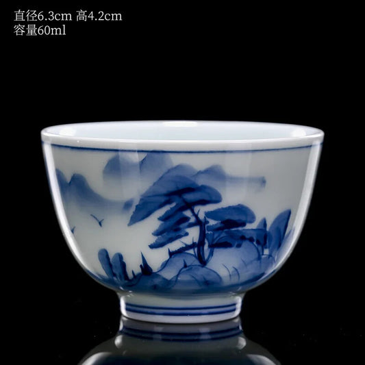 60ml Hand-painted Landscape Tea Cup Blue White Porcelain Shadow Green Tea Bowl