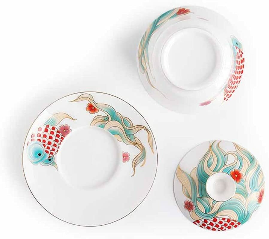 120ml Ceramic Tureen Gaiwan Fish Pattern Cup Saucer Tea Set Bowl Home Decor