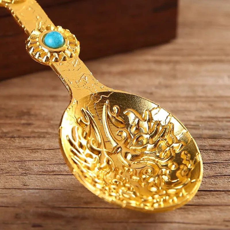 4.84" Golden Buddhist Spoon Inlaid Gem Alloy Auspicious Tibetan Buddhism