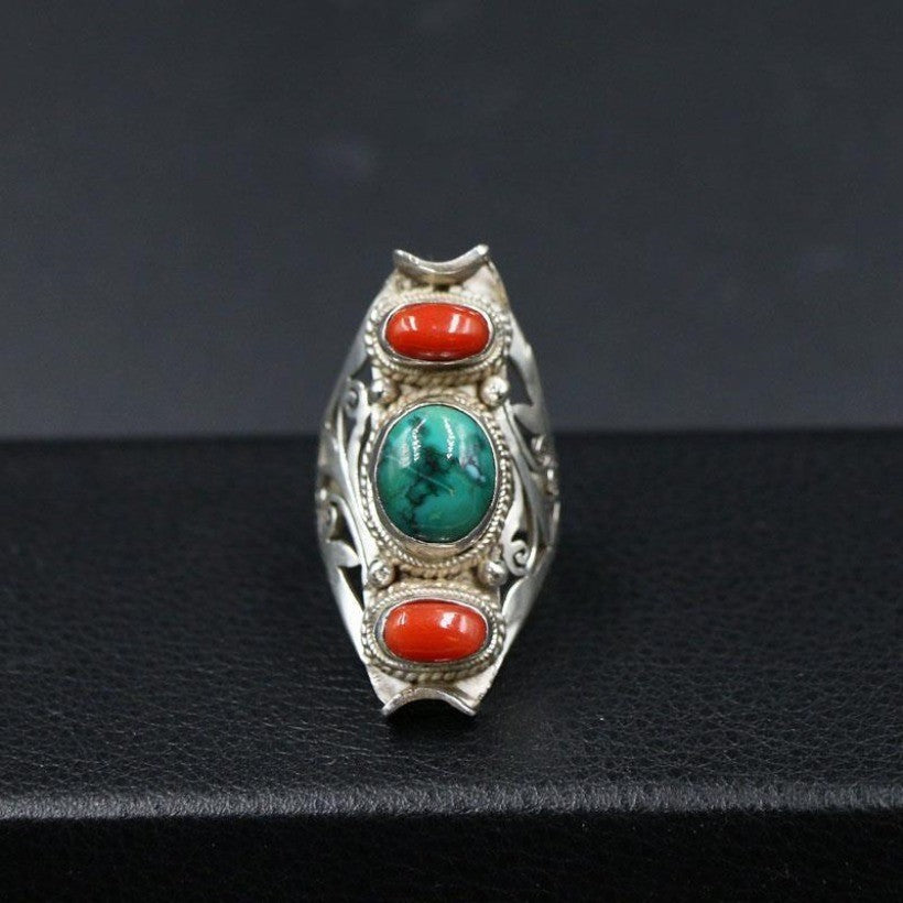 Nepal Handmade Turquoise Ring Open Saddle Band Retro Ethnic Unisex Jewelry