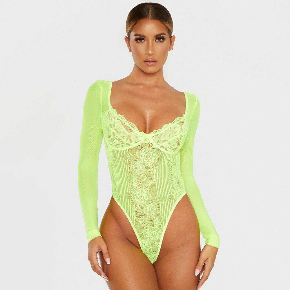 Womans Bodysuits Sexy Transparent Backless Bodycon Thong Deep-V Neck Long Sleeve